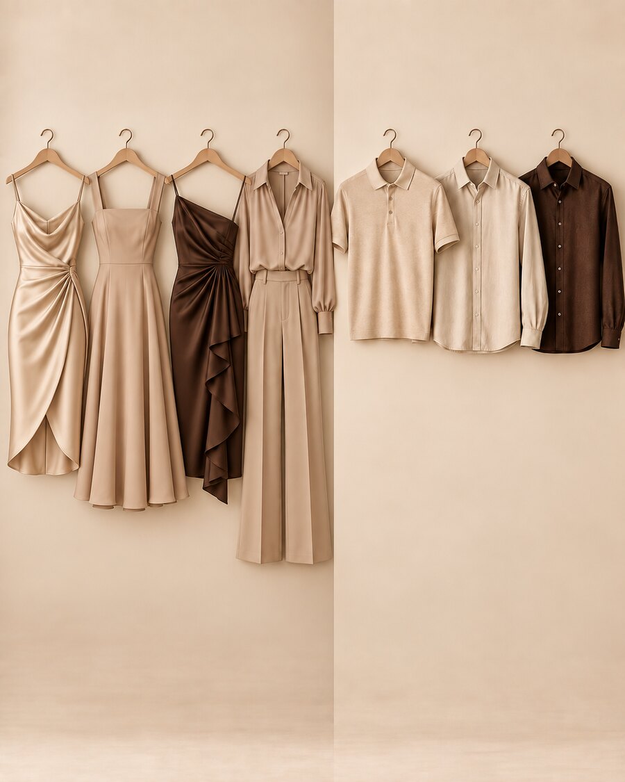 Sample semi-formal midi and cocktail dresses, women's trouser outfit, and men's beige or dark chocolate tops